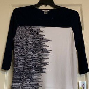 🎉HP🎉Allison Daley Women Blue & White Shirt SZ PM/M Scoop Neckline 3/4 Sleeve